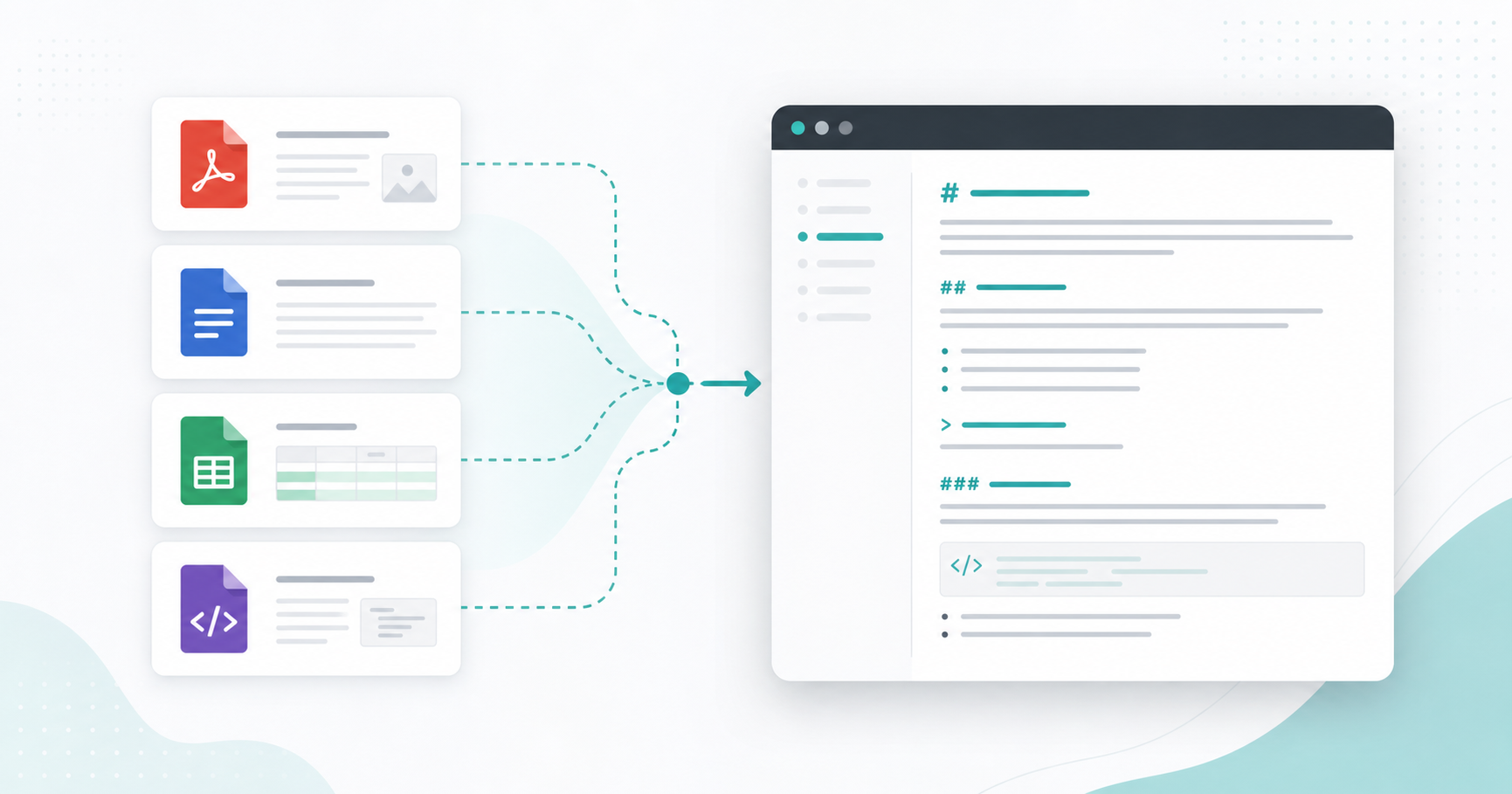 Document cards flowing into a Markdown preview